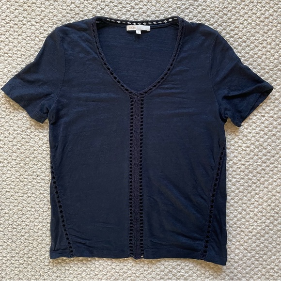 Maje blue linen t-shirt with crocheted trim - Picture 1 of 9